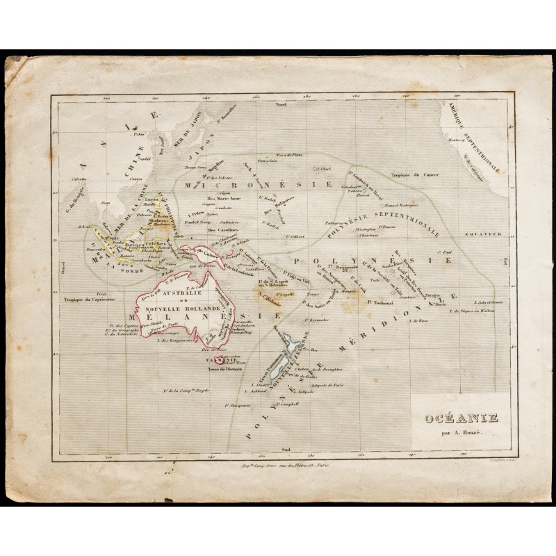 Gravure de 1840ca - Carte de l'Océanie - 1