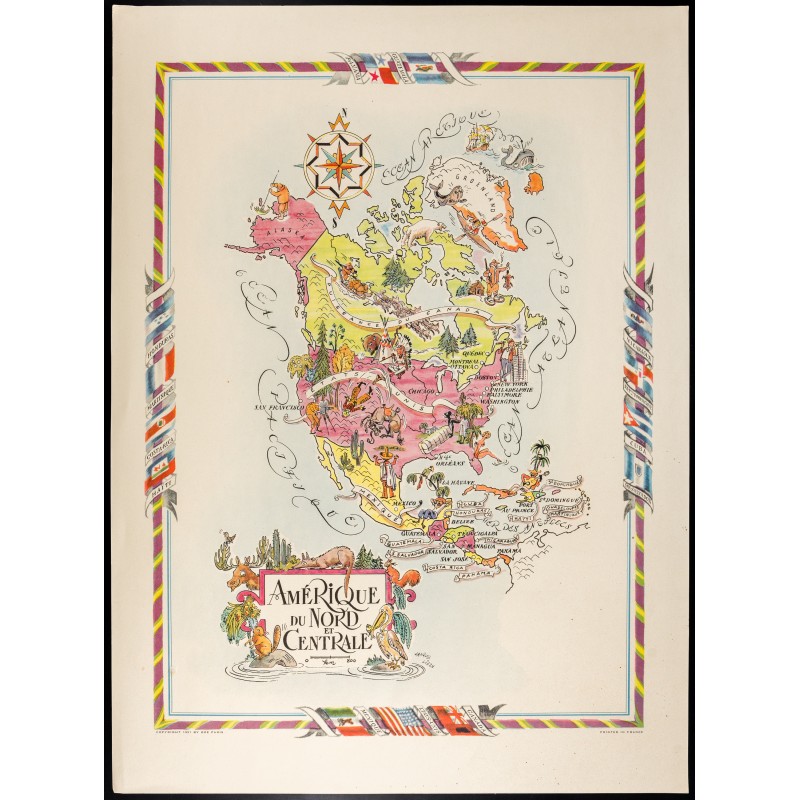 Gravure de 1951 - Carte de l'Amérique du Nord - 1