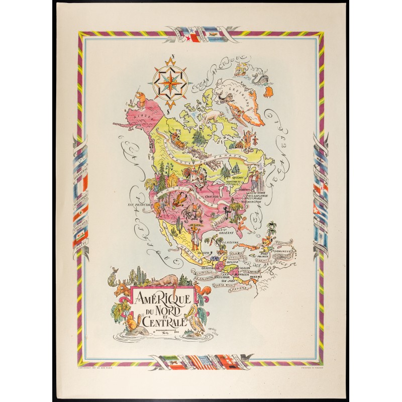 Gravure de 1951 - Carte de l'Amérique du Nord - 1
