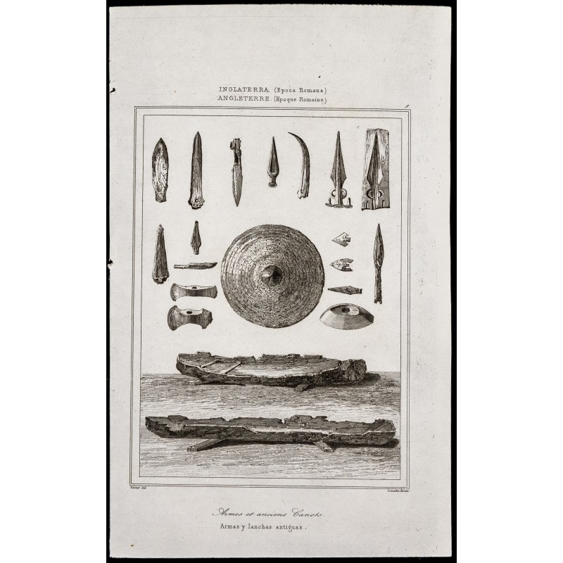 Gravure de 1842 - Armes et anciens Canots - 1