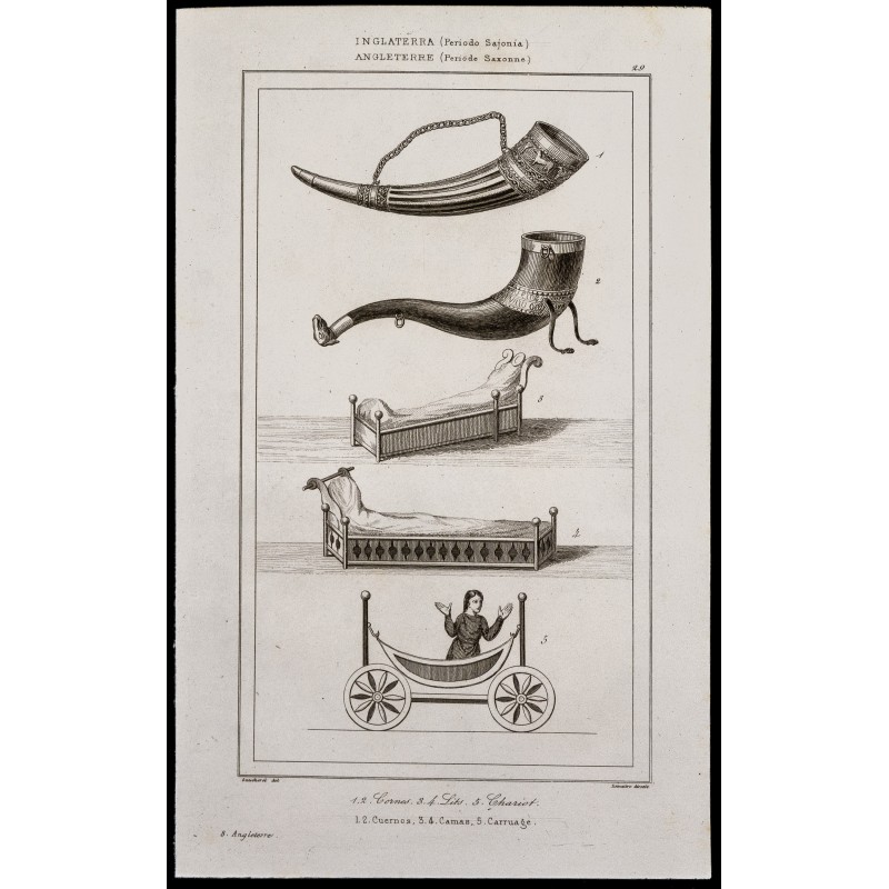 Gravure de 1842 - Cornes - Lits - Chariots - 1