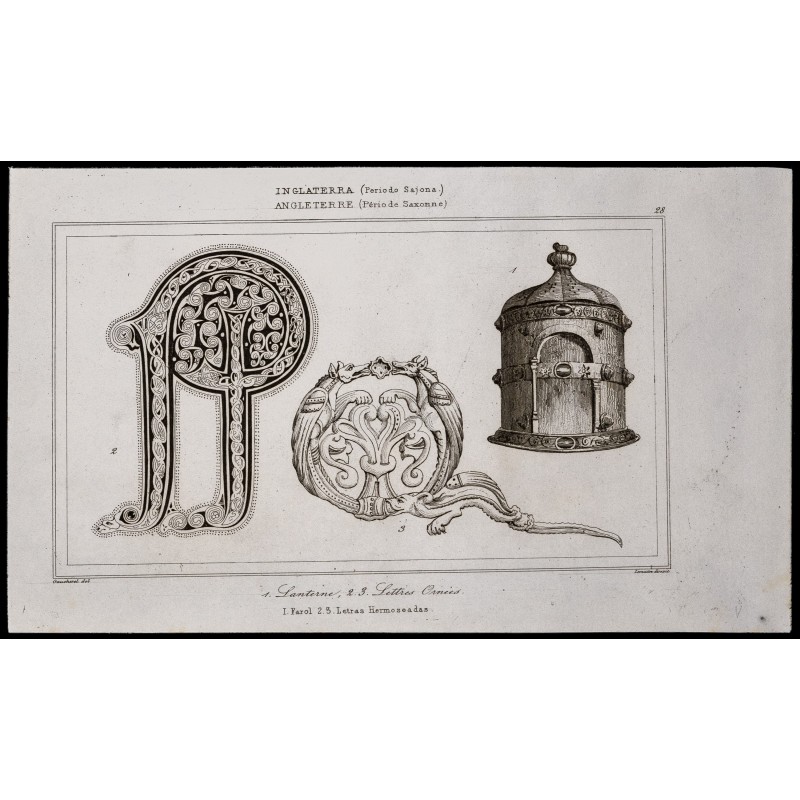 Gravure de 1842 - Lanternes - Lettres ornées - 1
