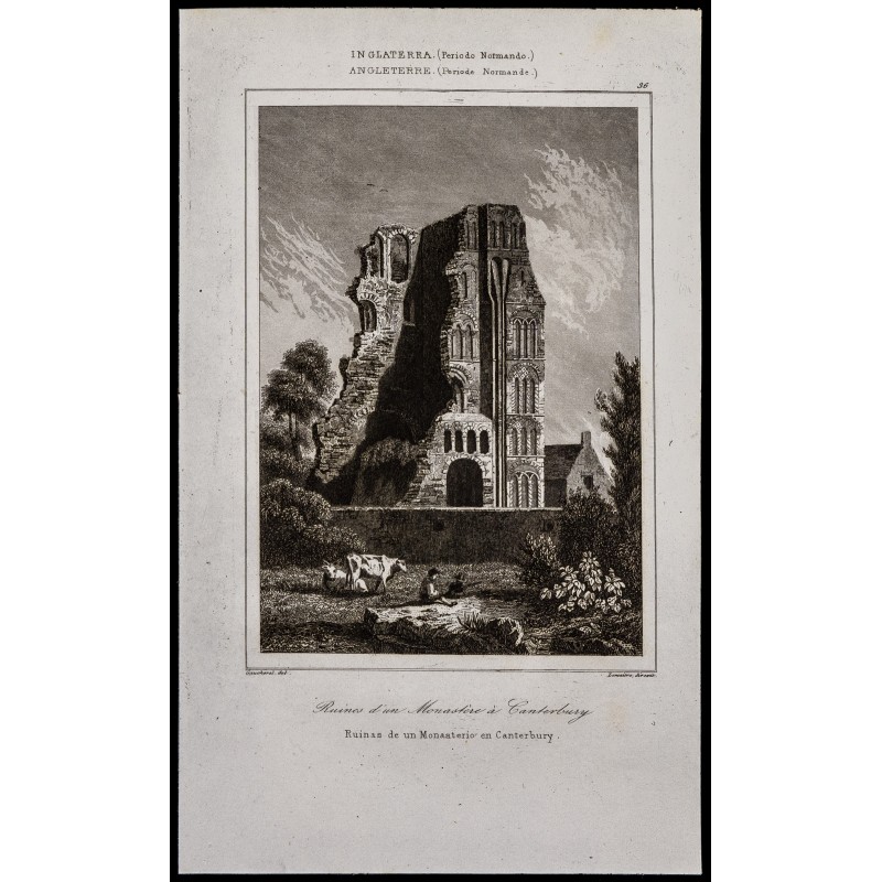 Gravure de 1842 - Ruines d'un monastère à Canterbury - 1