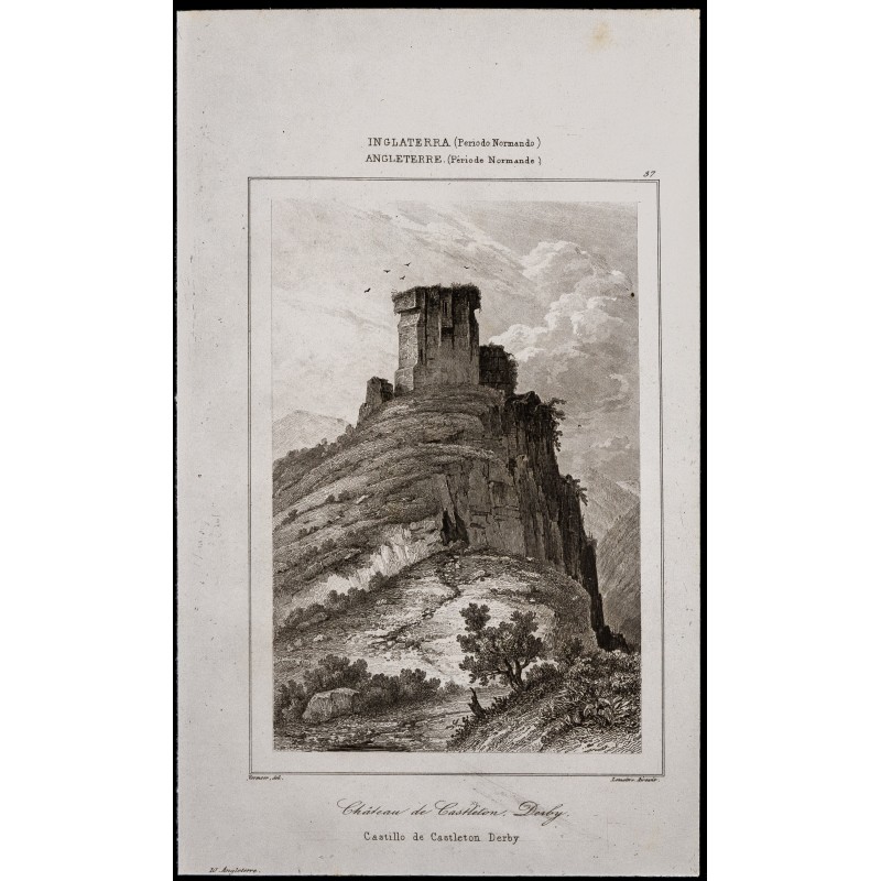 Gravure de 1842 - Château de Castleton, Derby - 1