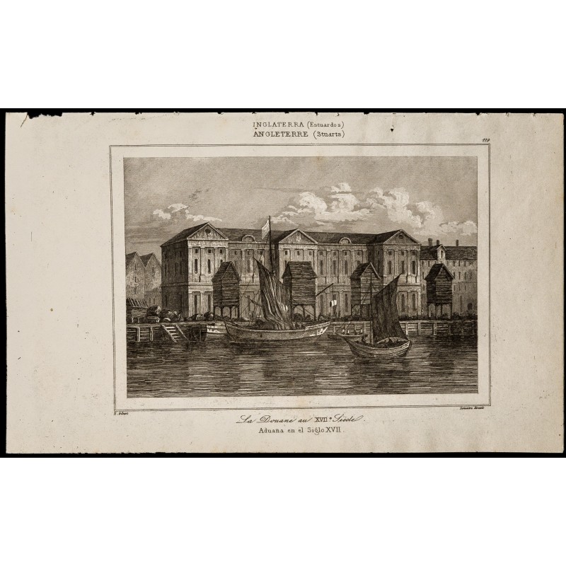 Gravure de 1842 - La douane - Londres - 1