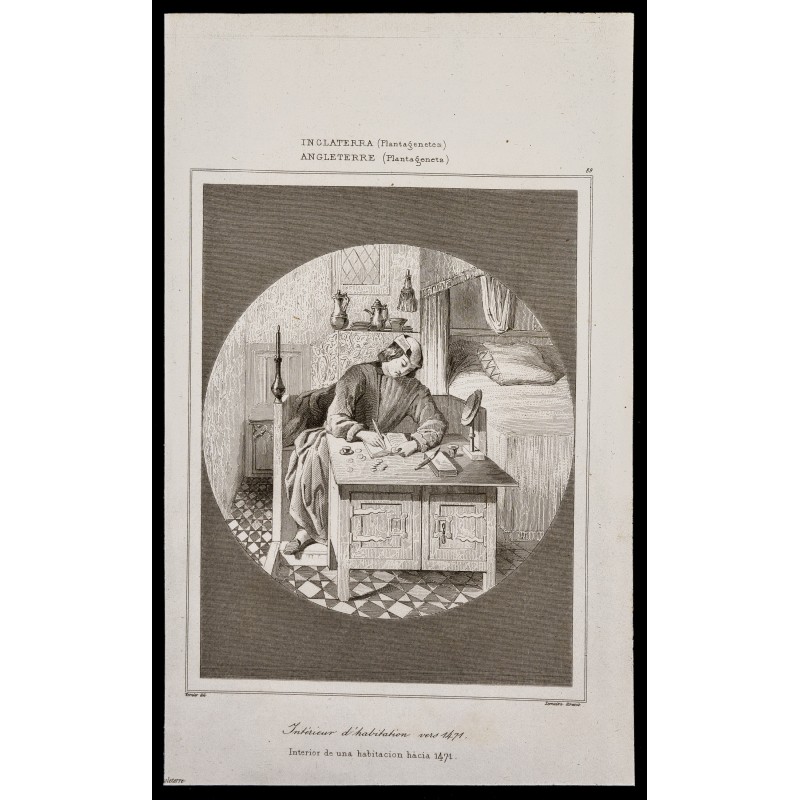 Gravure de 1842 - Intérieur d'habitation vers 1471 - 1