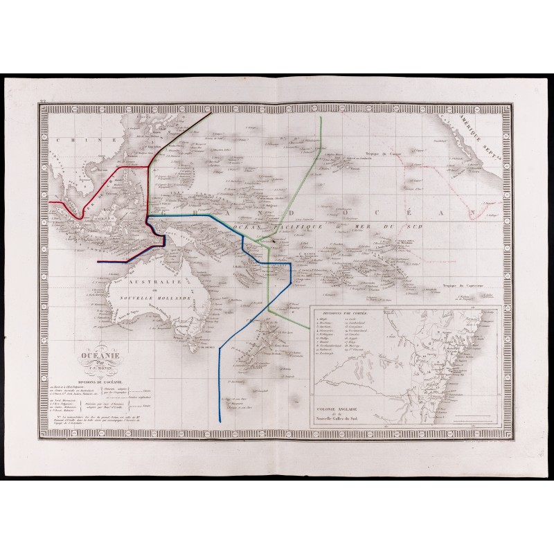 Gravure de 1841 - Carte de l'Océanie et Australie - 1