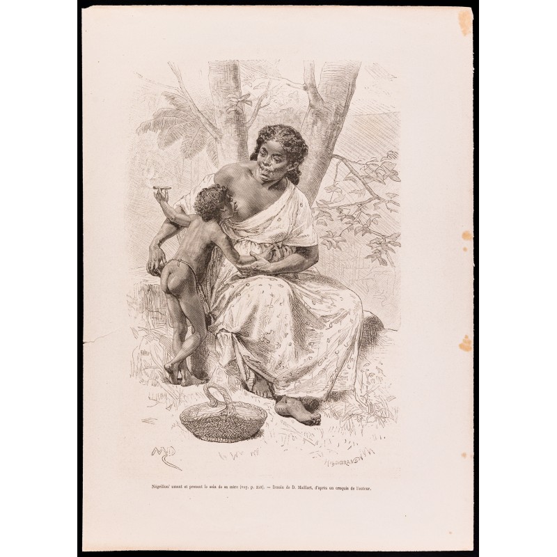 Gravure de 1880 - Enfant fumeur et allaitant sa mère - 1
