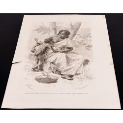 Gravure de 1880 - Enfant fumeur et allaitant sa mère - 2