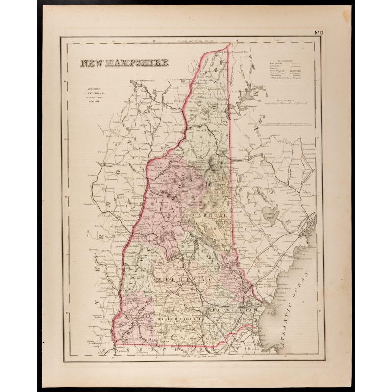 Gravure de 1857 - New Hampshire - Carte ancienne des USA - 1