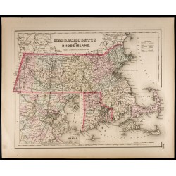 Gravure de 1857 - Carte du Massachusetts et Rhode Island - 1