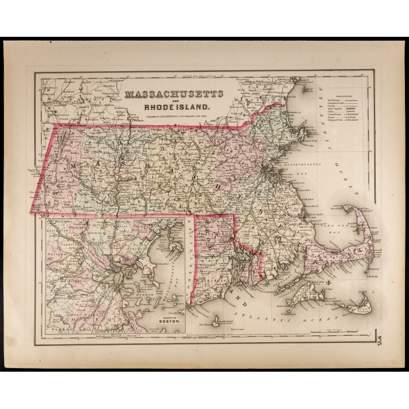Gravure de 1857 - Carte du Massachusetts et Rhode Island - 1