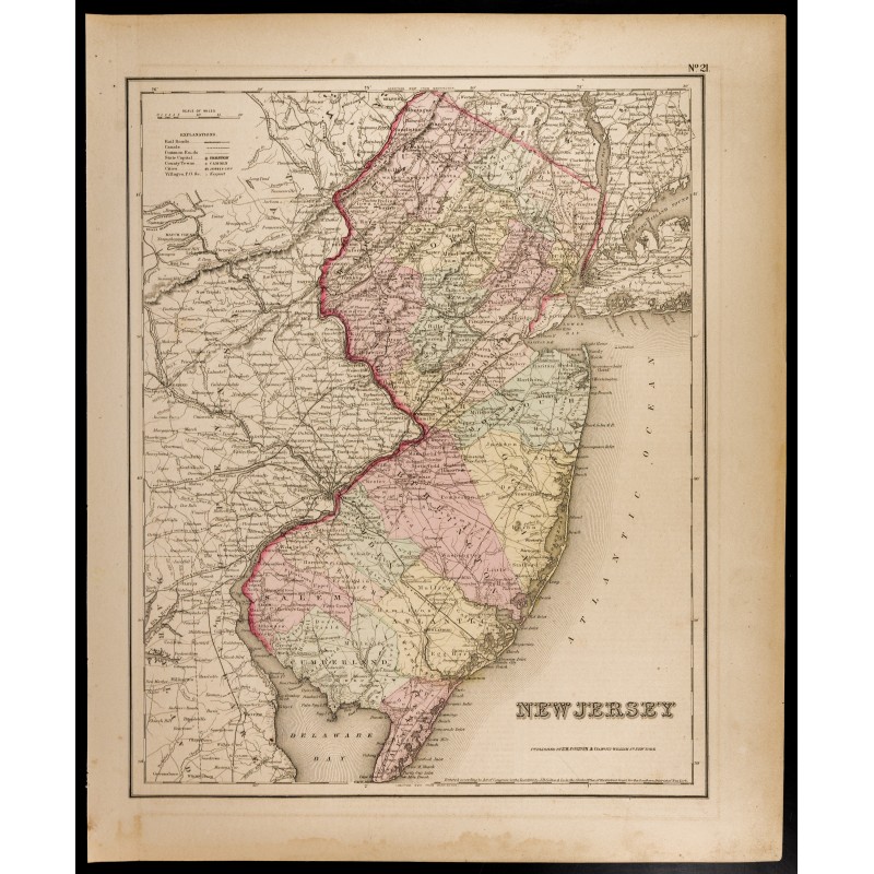 Gravure de 1857 - État du New Jersey - Carte ancienne des USA - 1
