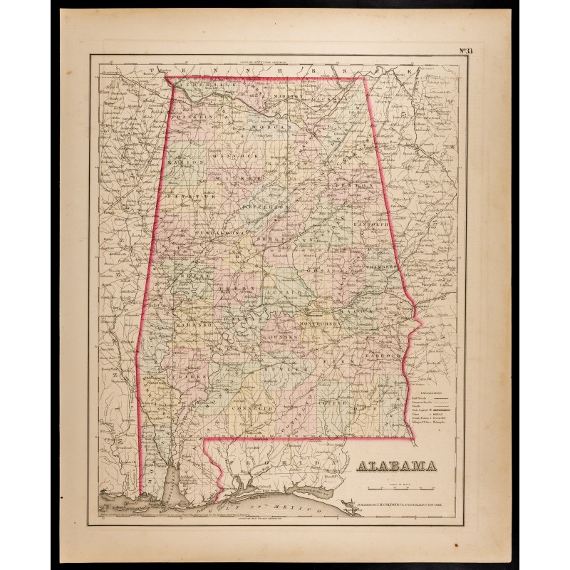 Gravure de 1857 - État américain d'Alabama - Carte ancienne - 1