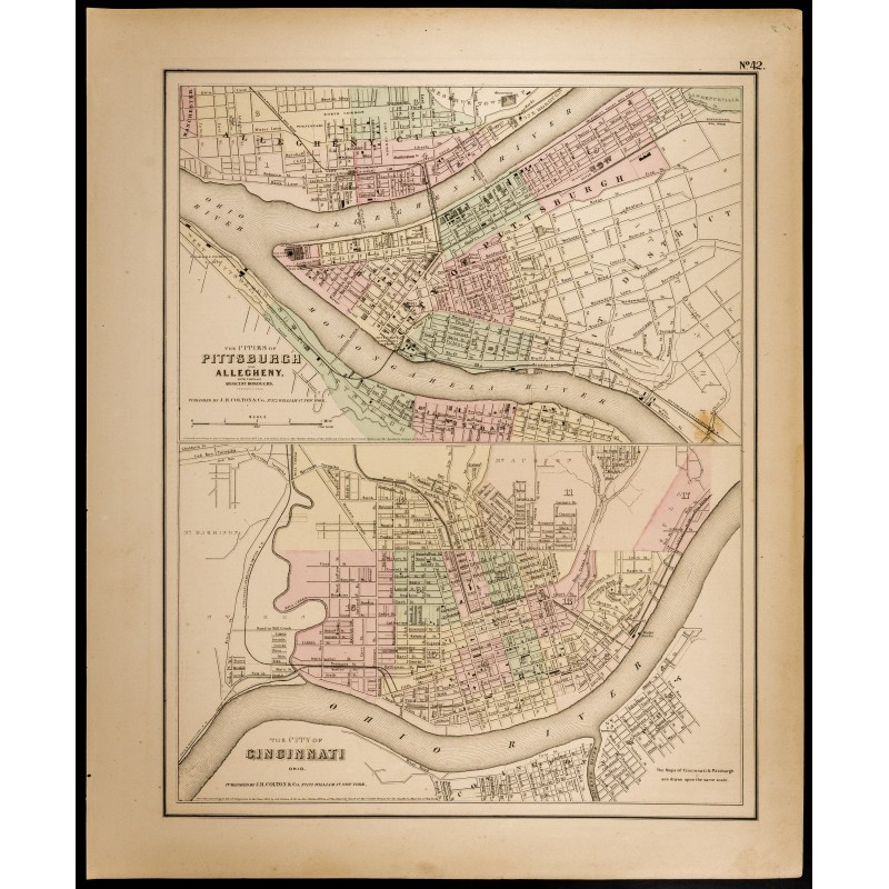 Gravure de 1857 - Pittsburgh, Allegheny et Cincinnati - Plans anciens - 1
