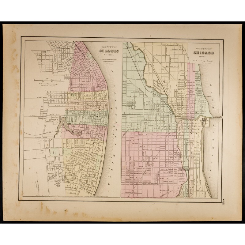 Gravure de 1857 - St Louis & Chicago - Plans anciens USA - 1