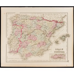 Gravure de 1857 - Carte ancienne d'Espagne et du Portugal - 1