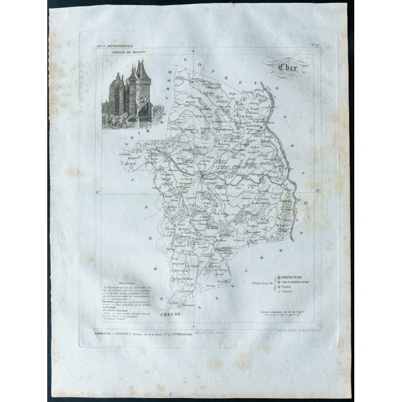 Gravure de 1830 - Carte ancienne du Cher - 1