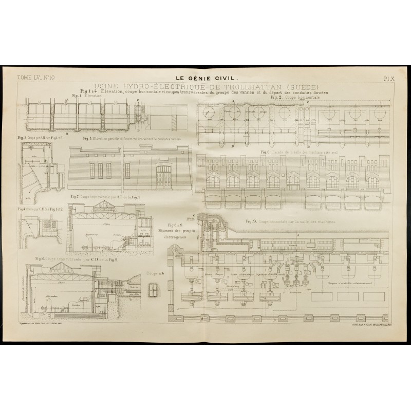 Gravure de 1909 - Plan de l'Usine Hydro-électrique de Trollhattan - 1