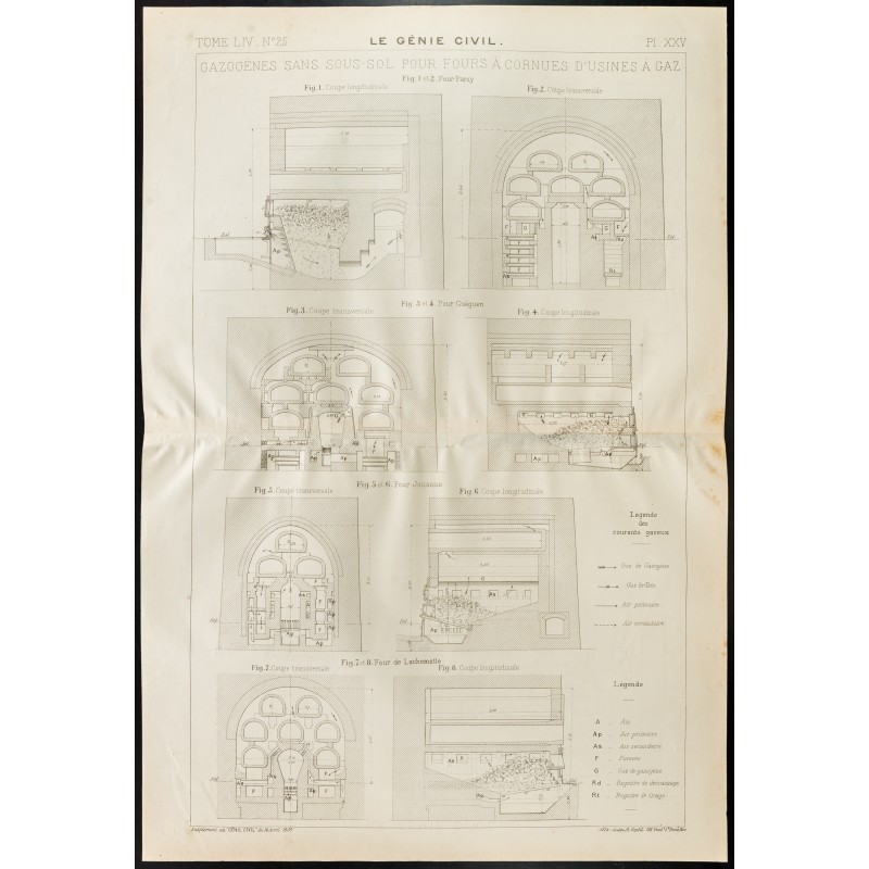 Gravure de 1909 - Plan ancien d'usine à gaz et gazogènes. - 1