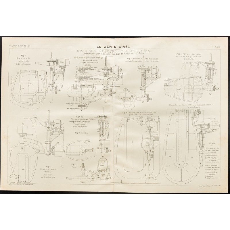 Gravure de 1909 - Plan ancien de riveuses électro-hydrauliques - 1