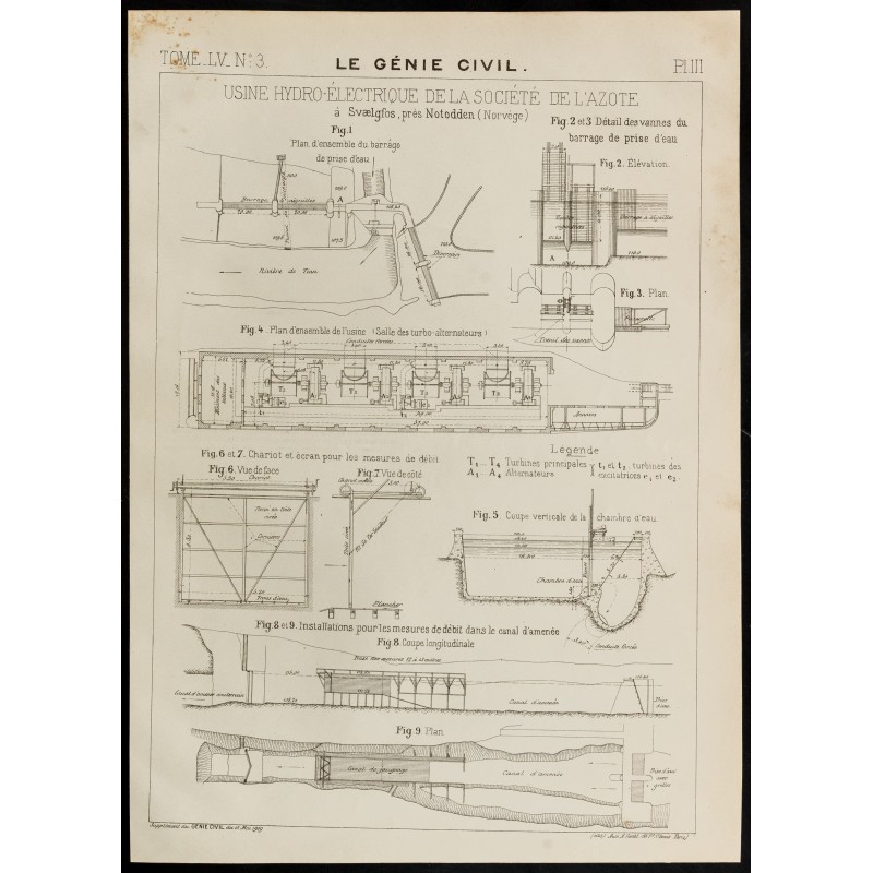 Gravure de 1909 - Plan ancien d'une usine hydro-électrique - 1