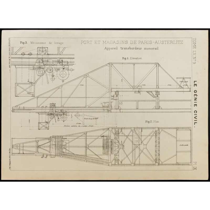 Gravure de 1909 - Paris-Austerlitz - transbordeur monorail - 1