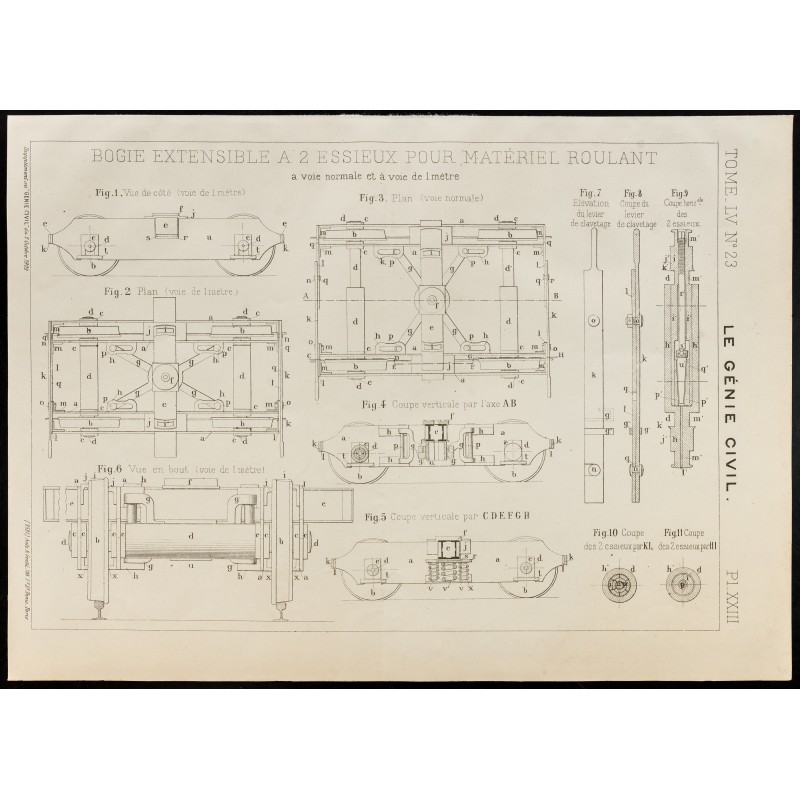 Gravure de 1909 - Plan ancien d'un bogie extensible - 1