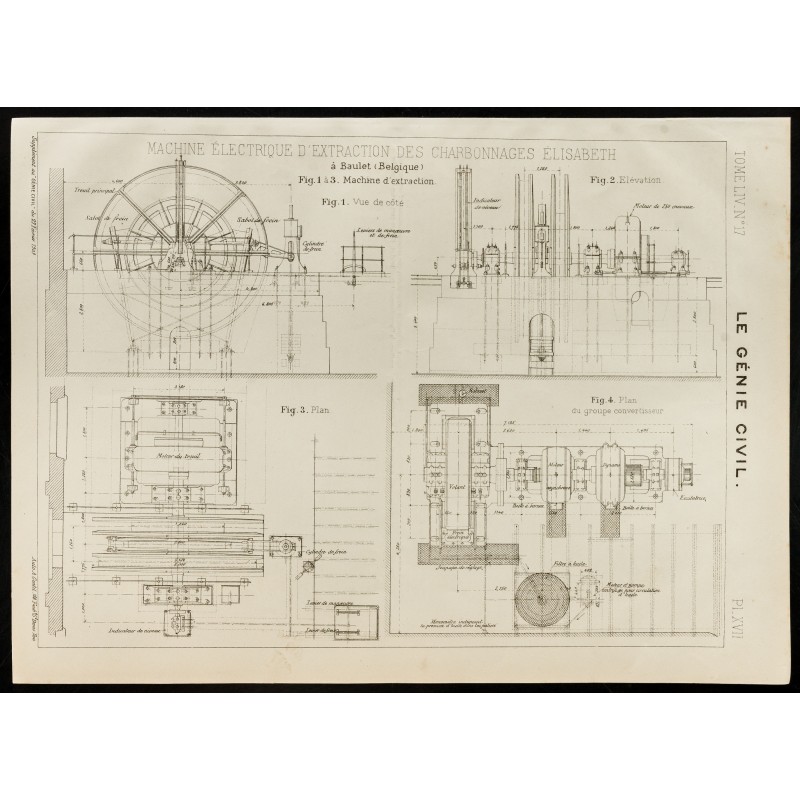 Gravure de 1909 - Belgique, plan ancien d'une machine d'extraction, à Baulet. 1909, Charbon - 1