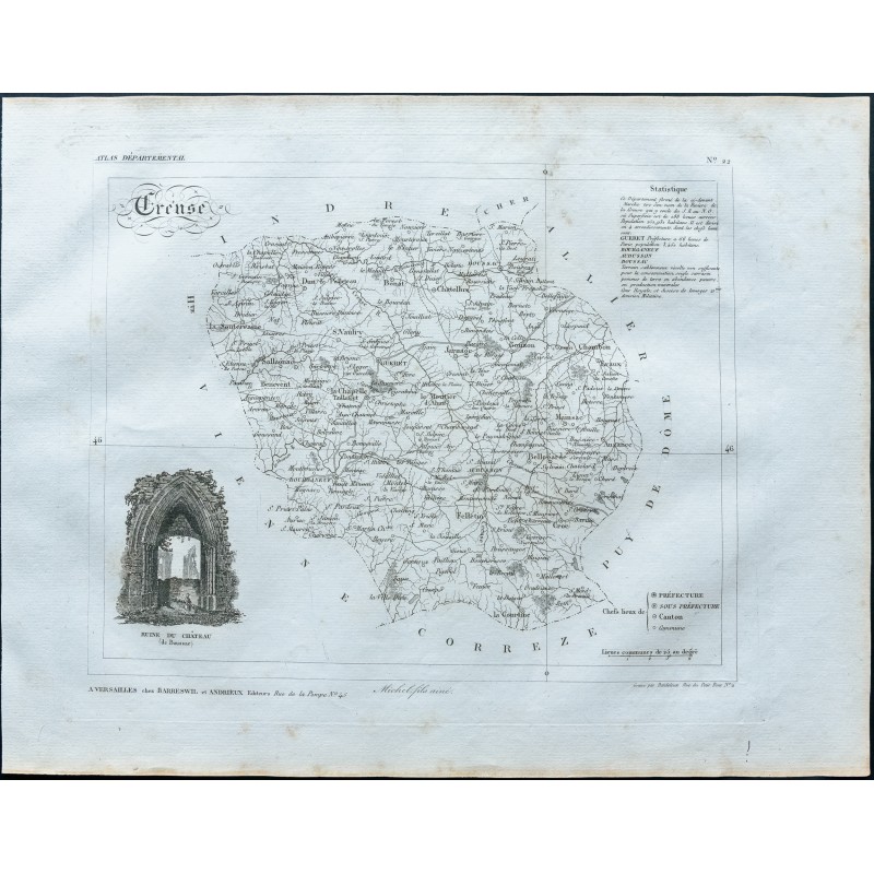 Gravure de 1830 - Carte ancienne de la Creuse - 1