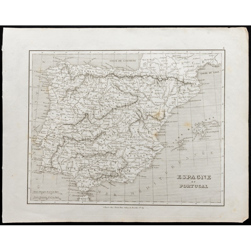 Gravure de 1836 - Carte ancienne de l'Espagne et Portugal - 1