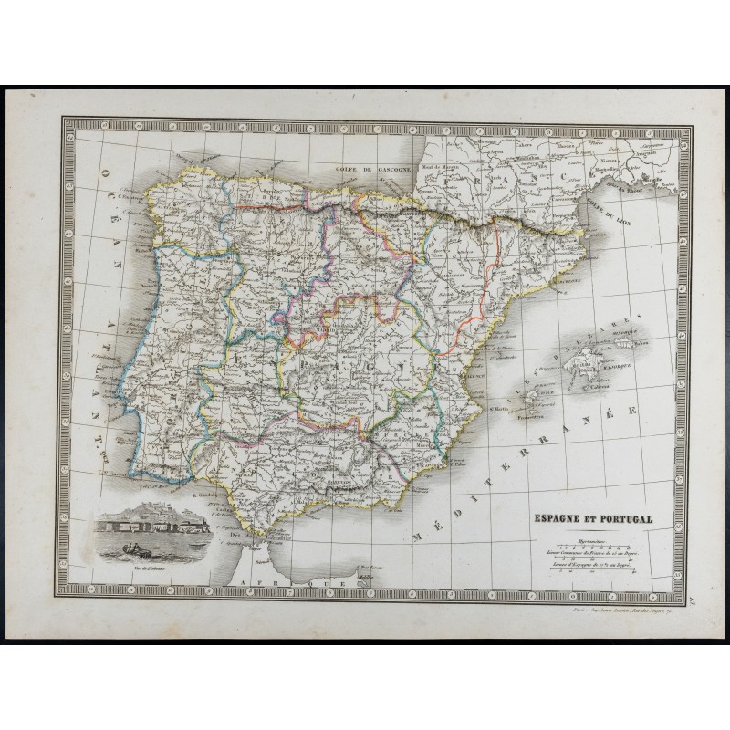 Gravure de 1835 - Carte de l'Espagne et du Portugal - 1