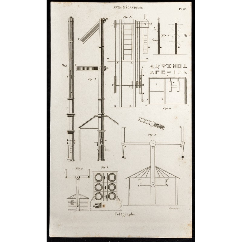 Gravure de 1852 - Télégraphe aérien - Arts mécaniques - 1
