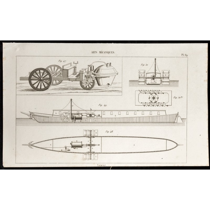 Gravure de 1852 - Voiture et bateau à vapeur - Arts mécaniques - 1