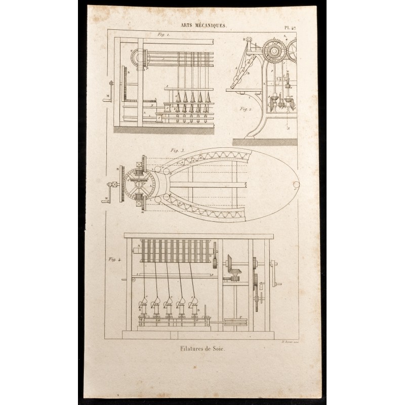 Gravure de 1852 - Plans de Filatures de Soie - Arts mécaniques - 1
