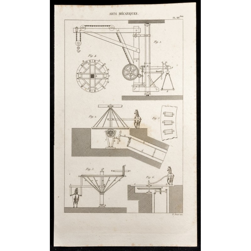Gravure de 1852 - Roue tirée par un cheval - Arts mécaniques - 1