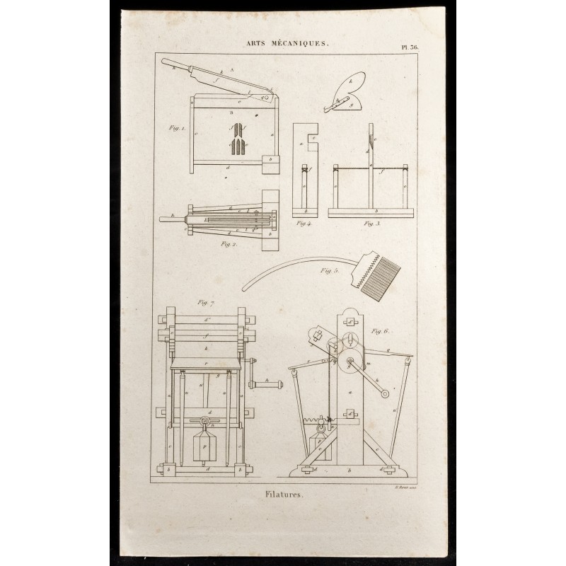 Gravure de 1852 - Filatures machines - Arts mécaniques - 1