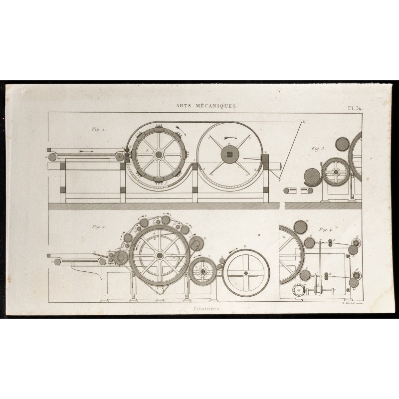 Gravure de 1852 - Belles machines à filatures - Arts mécaniques - 1