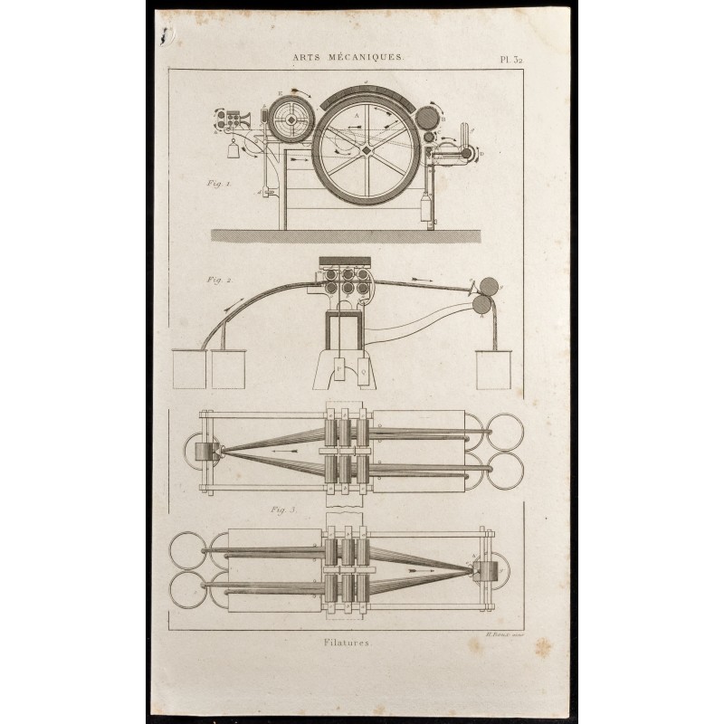 Gravure de 1852 - Technologie de la filature - Arts mécaniques - 1