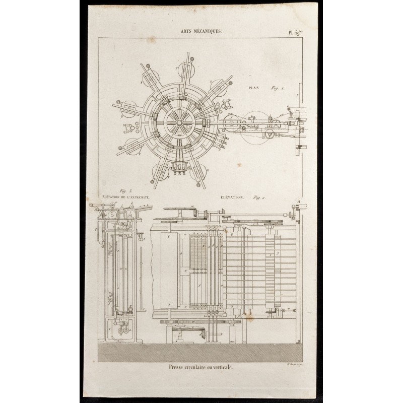 Gravure de 1852 - Presse circulaire ou verticale - Arts mécaniques - 1