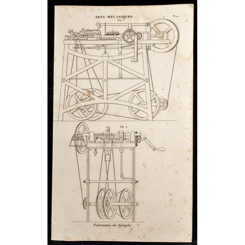 Gravure de 1852 - Fabrication des épingles - Machines - Arts mécaniques - 1