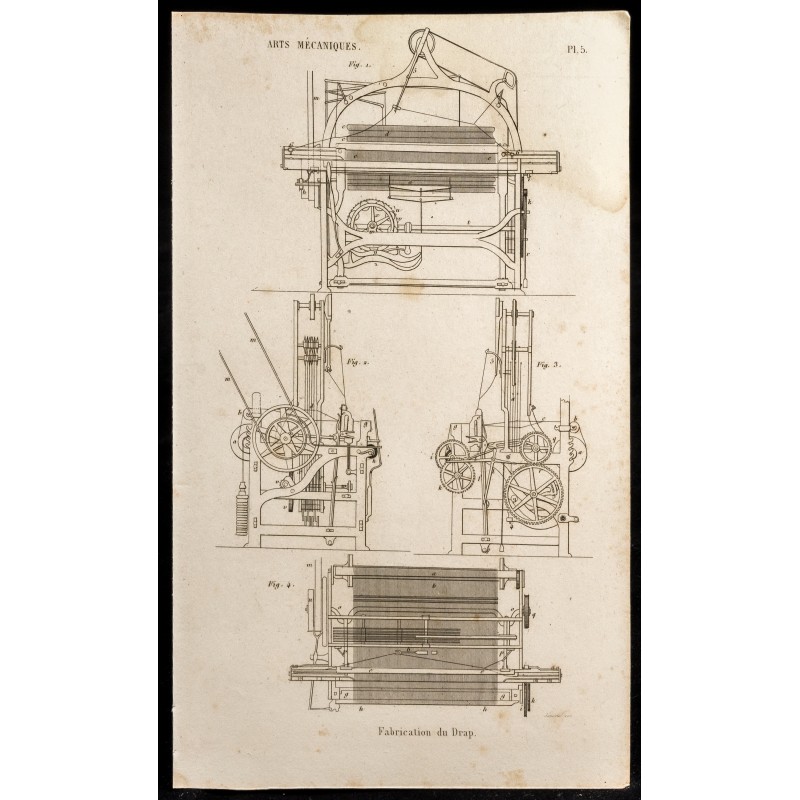Gravure de 1852 - Fabrication du drap - Coupes - Arts mécaniques - 1
