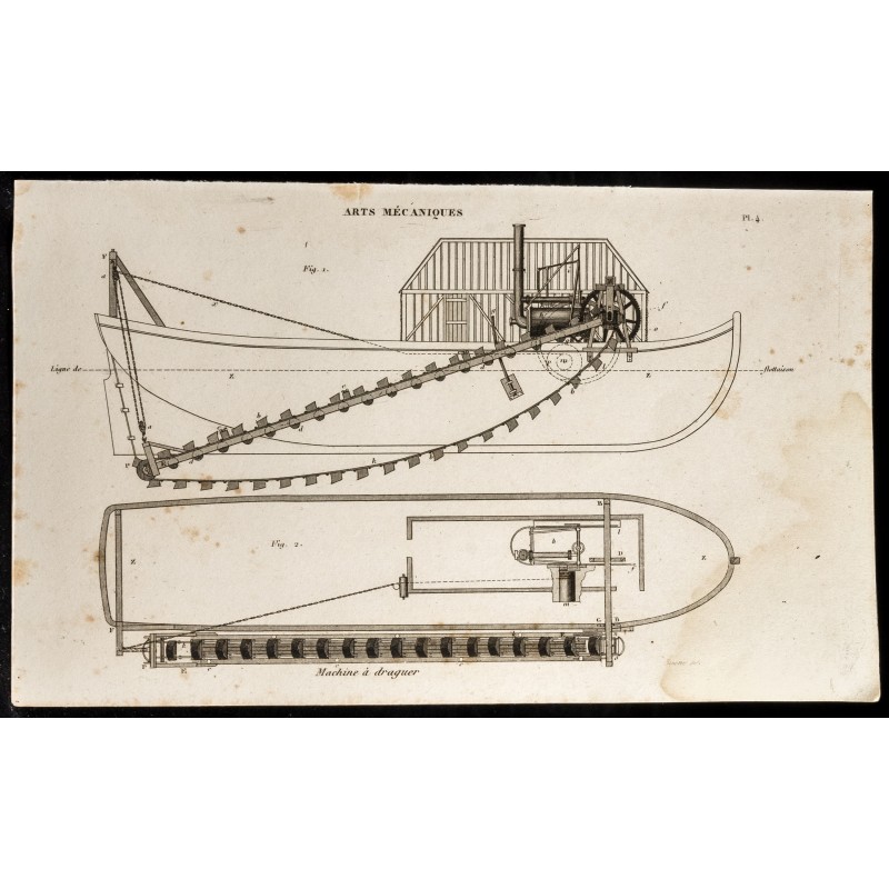 Gravure de 1852 - Machine à draguer - Bateau drague - Arts mécaniques - 1