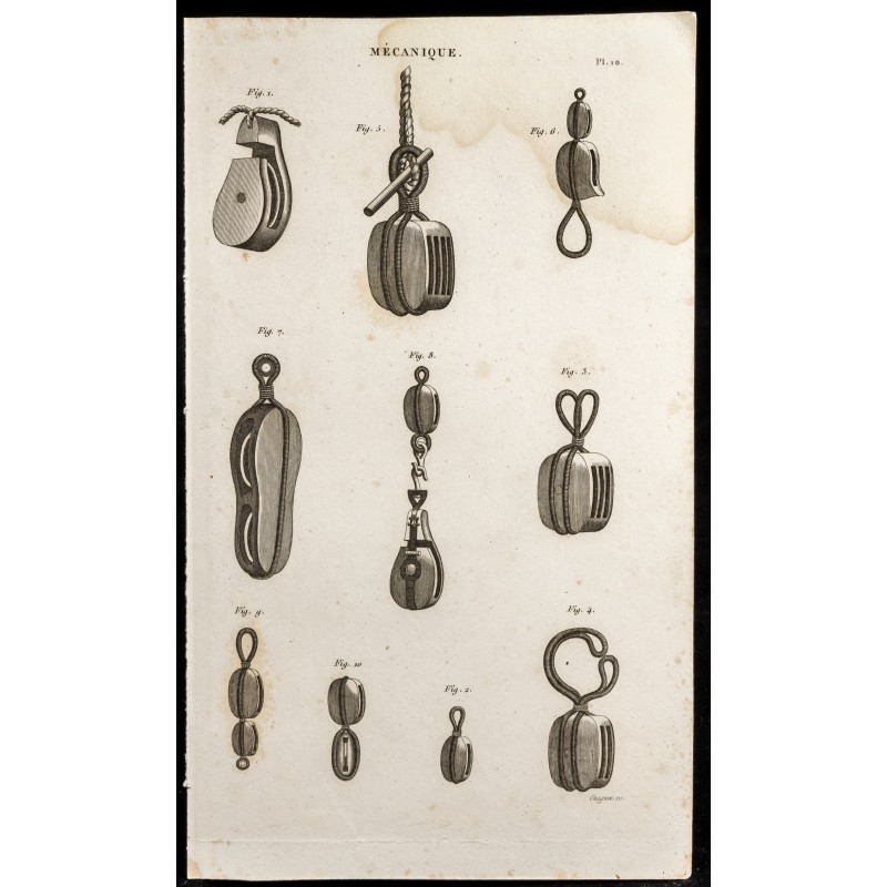 Gravure de 1852 - Poulies - Mécanique - 1