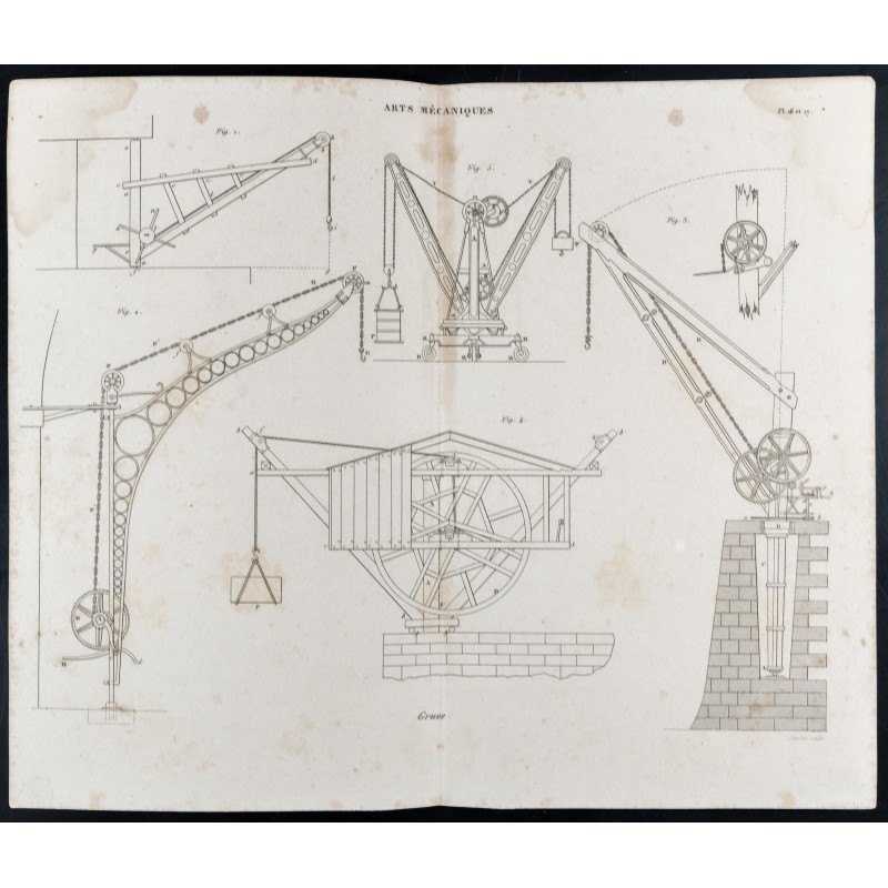 Gravure de 1852 - Nombreuses grues - Arts Mécaniques - 1