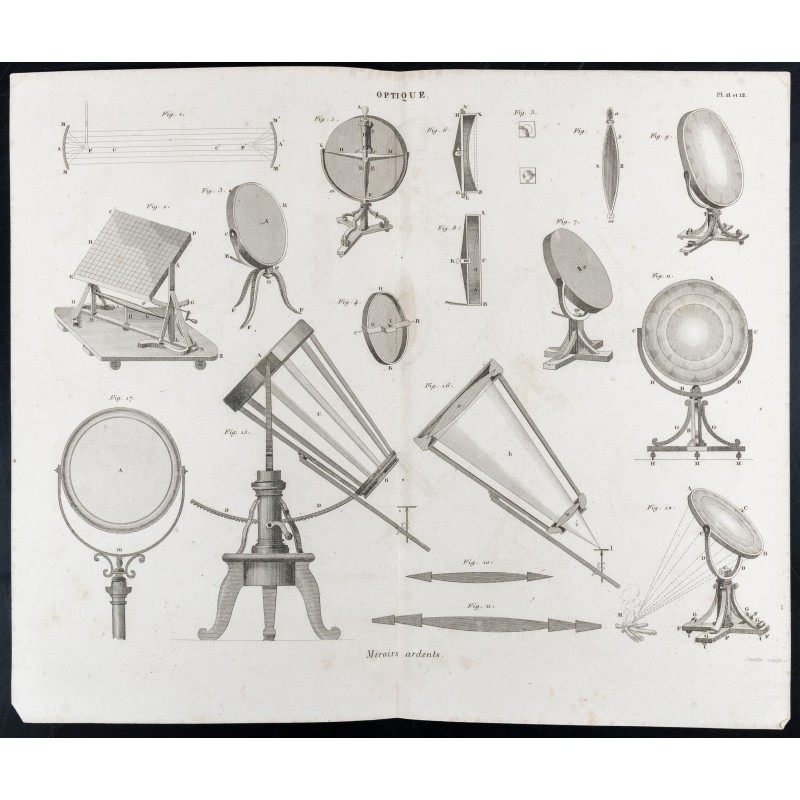 Gravure de 1852 - Miroirs ardents - Optique - 1