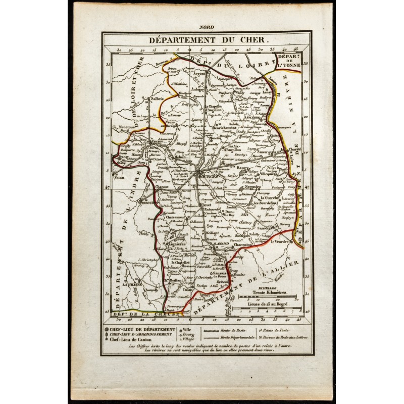 Gravure de 1823 - Carte du Cher - Département géographie - 1