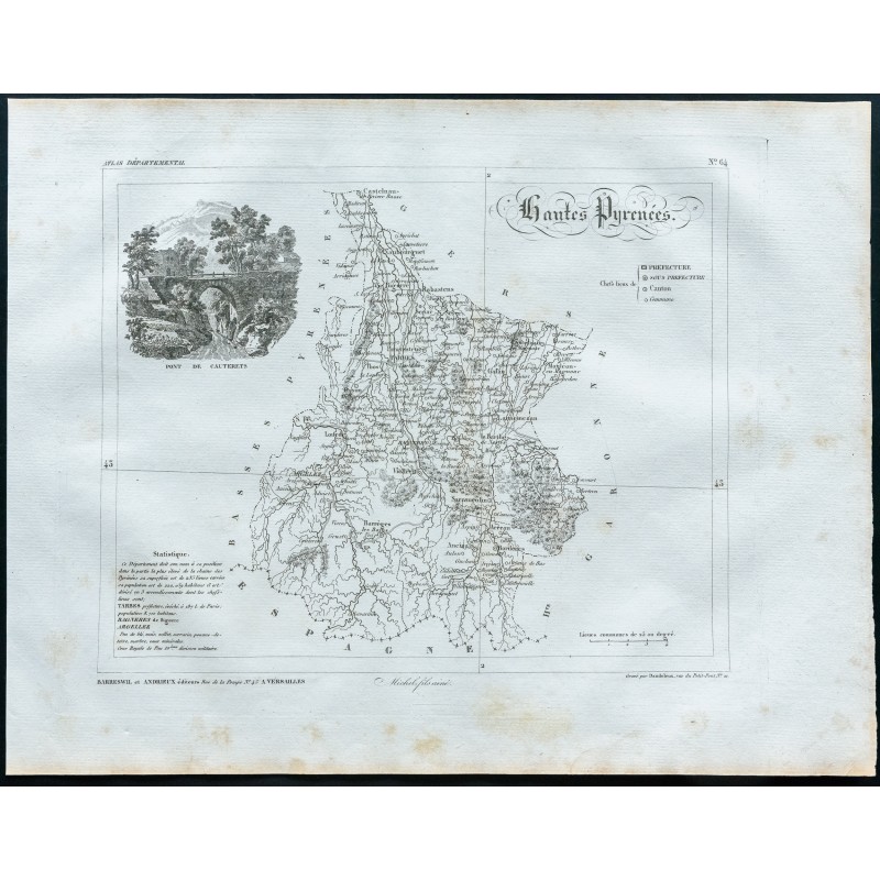 Gravure de 1830 - Carte ancienne des Hautes Pyrénées - 1