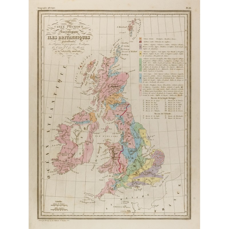 Gravure de 1846 - Carte Physique et Minéralogique des îles Britanniques - 1
