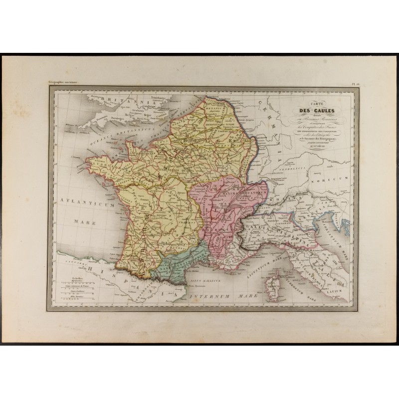 Gravure de 1846 - Carte des Gaules divisée en Provinces Romaines - 1